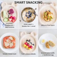 six examples of smart snacks including vegetables with beet hummus, yogurt with blueberries and cereal, leftovers from lunch