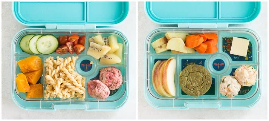 pasta with sesame oil, meatballs, fruits and veggies on left and spinach muffin, meatballs and fruits and veggies on the right packed in yumbox