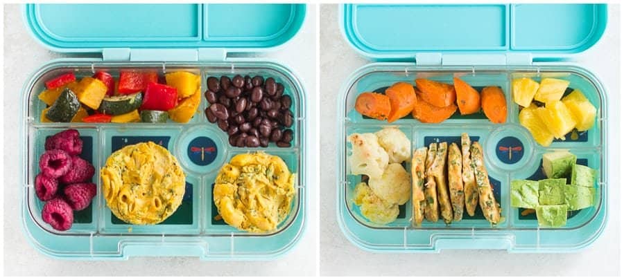 butternut squash pasta cups with beans and fruits and veggies on left and egg veggie pancake with fruits and veggies on right packed in yumbox