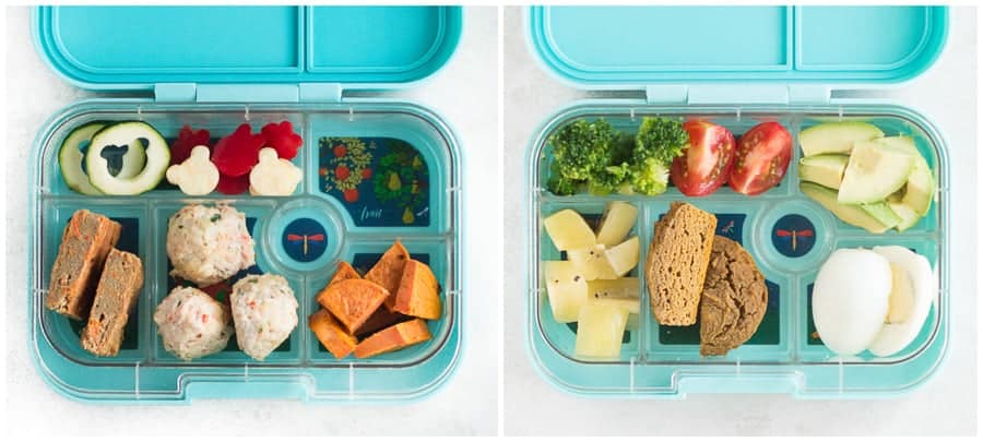 meatballs with fruits and veggies on left and mufin with egg and fruits and veggies on right packed in yumbox