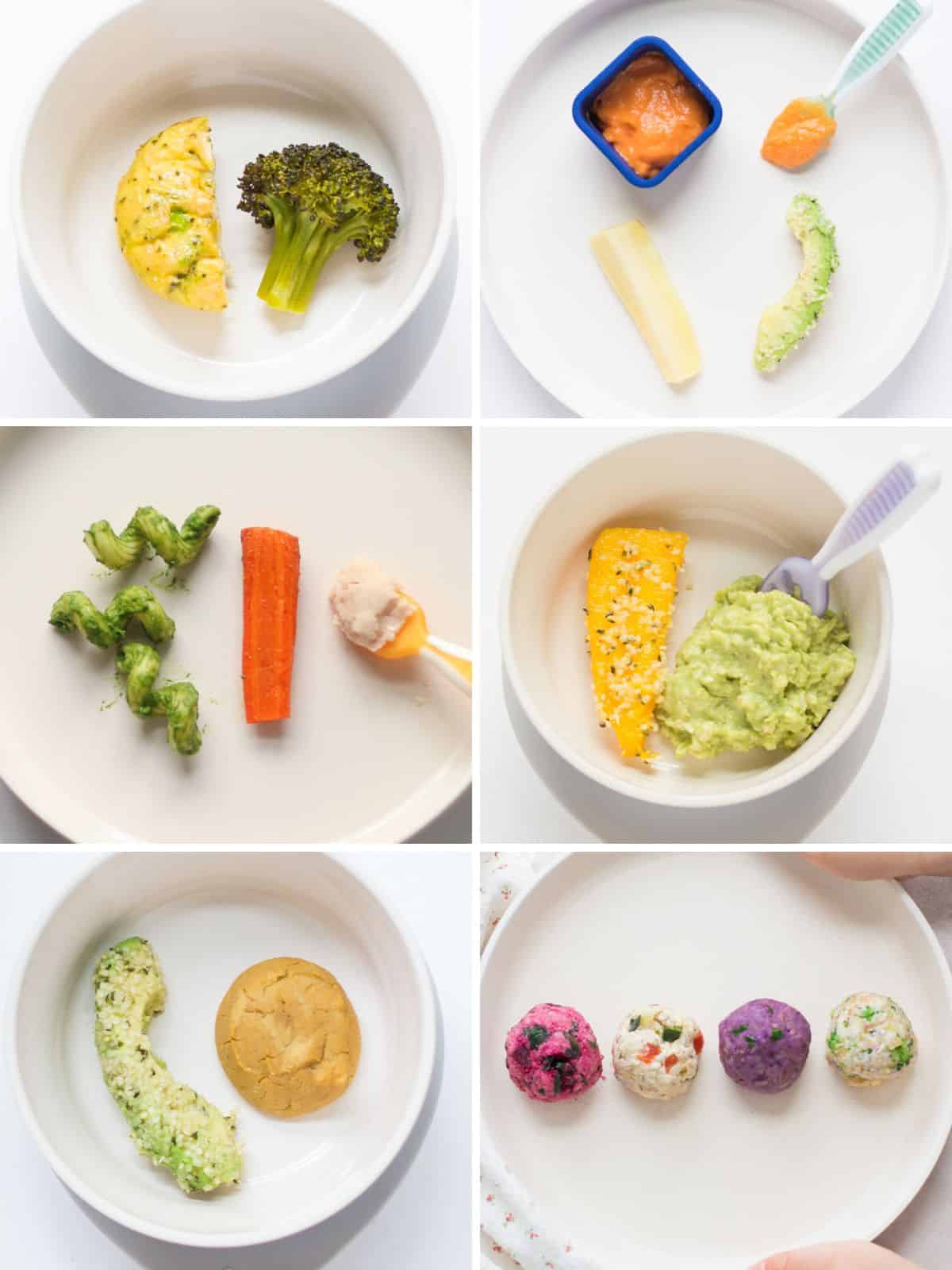 A six image collage of easy BLW meals.