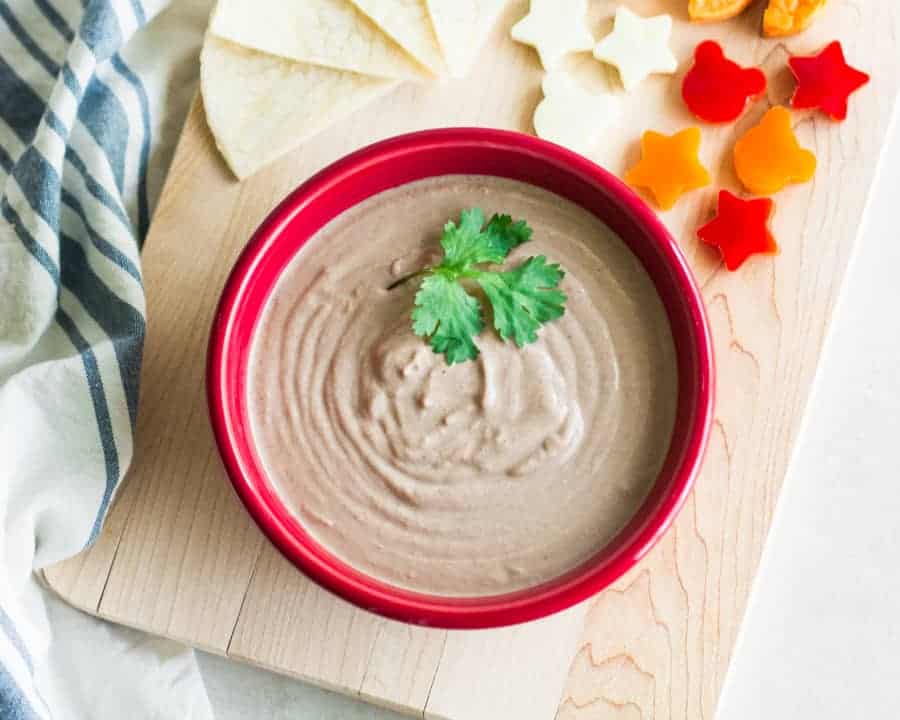 a close up shot of the yogurt bean dip in a red bowl with fresh cilantro