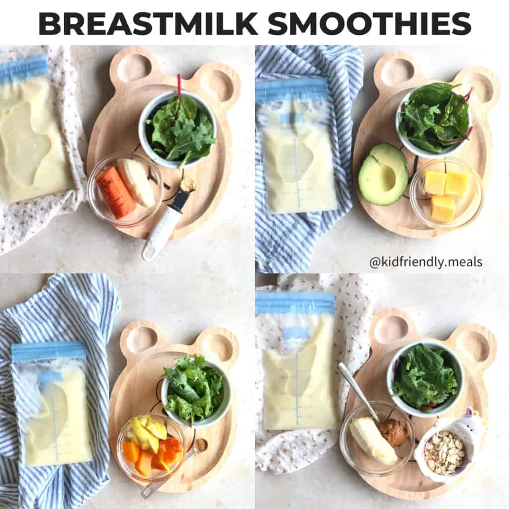 four examples of breastmilk smoothies with breastmilk bag and bear wooden plates with ingredients