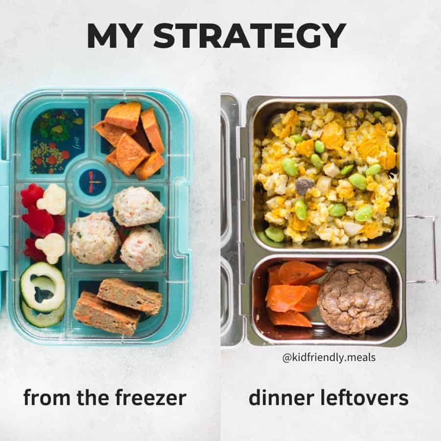 preschool lunch boxes showing items from freezer on left and dinner leftovers on right