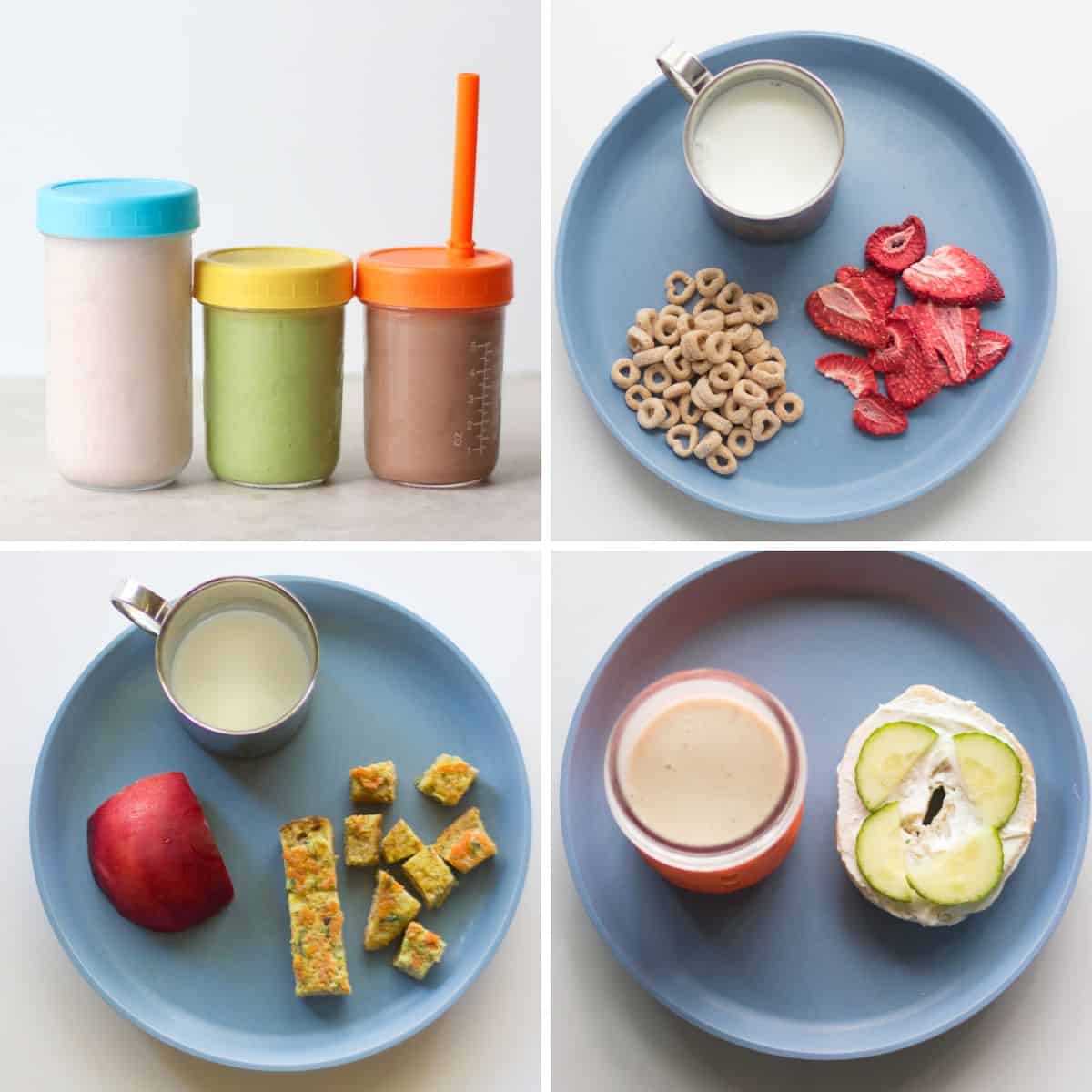 A four image collage of toddler snacks with milk.