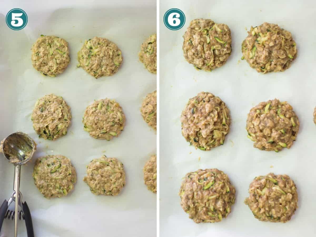A two image collage showing cookies before and after baked.