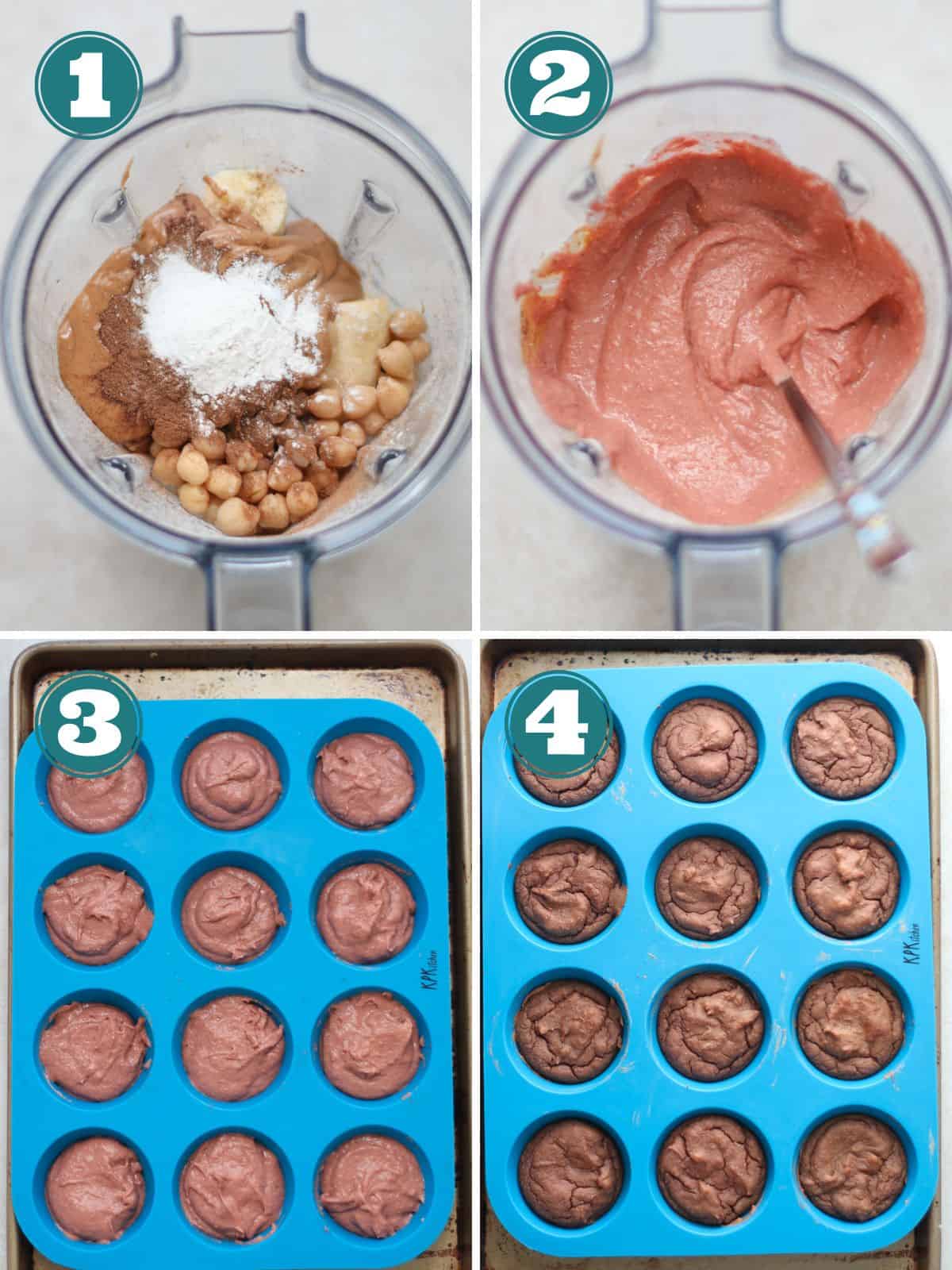 A four image collage showing how to make muffins step by step.