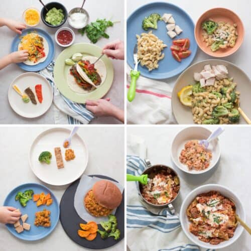 A four image collage showing 4 recipes each plated for adult, toddler, and baby.