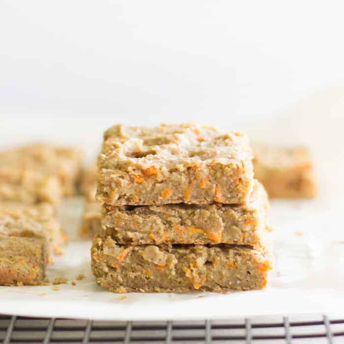 three carrot lentil bars stacked on top of each other
