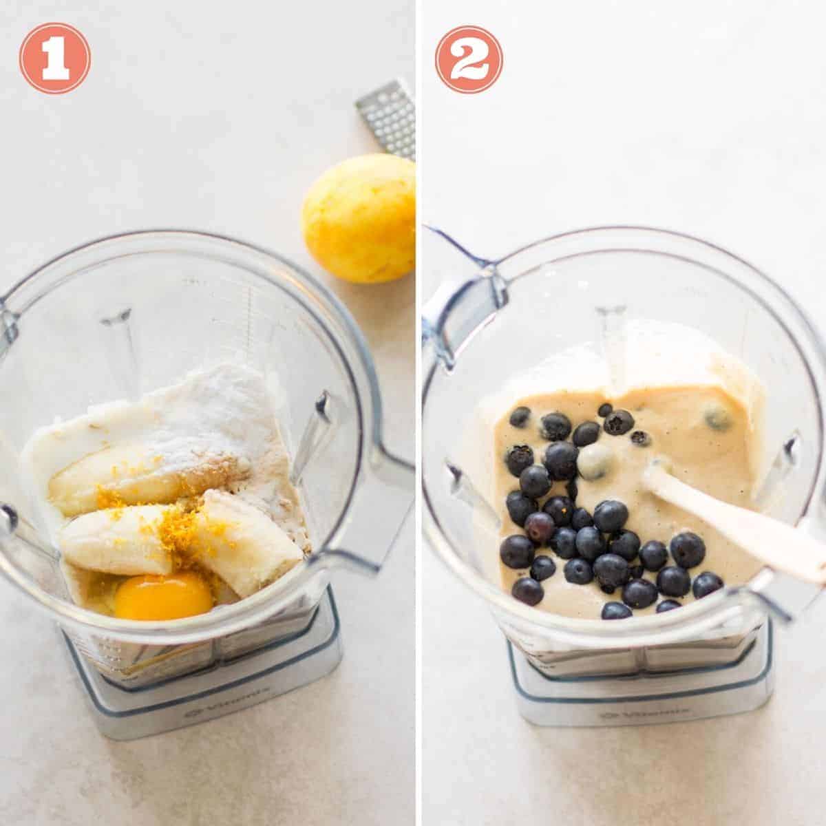 banana, egg, kefir, lemon, and the rest of the ingredients in a blender before lending on the left side and post-blended with fresh blueberries stirred in on the right image