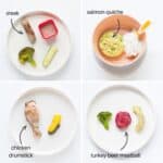 A four image collage showing how to serve protein finger foods for baby