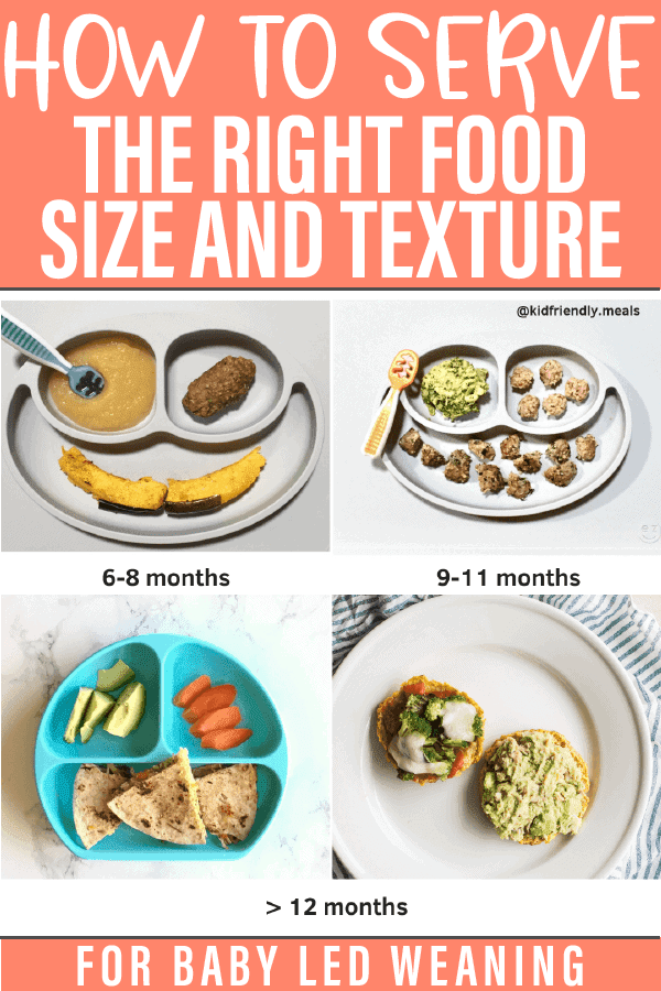 examples of baby plates of food showing how to serve the right food size and texture according to different age groups, 6-8 months, 9-11 months, over 12 months