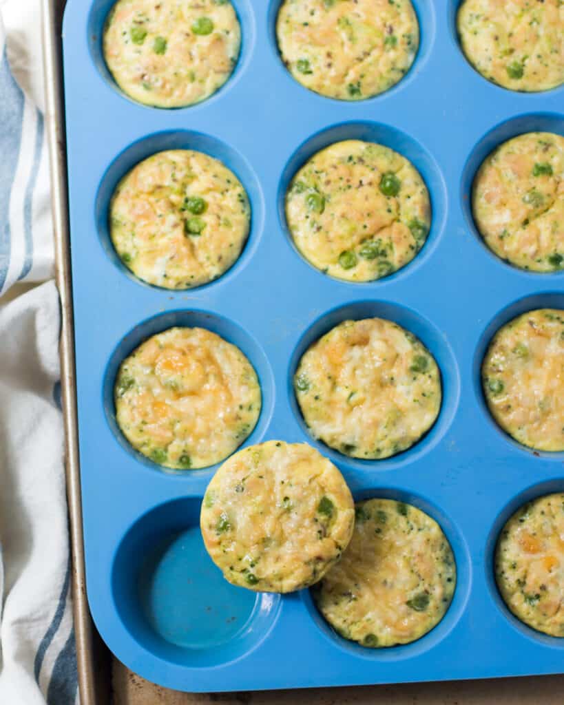 Cooked salmon quiche in a blue muffin pan