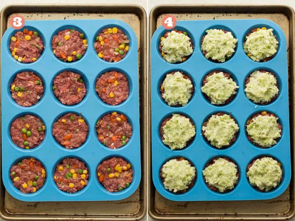 on the left uncooked meatball in a 12 cup muffin pan on the right meatballs topped with broccoli mashed potatoes