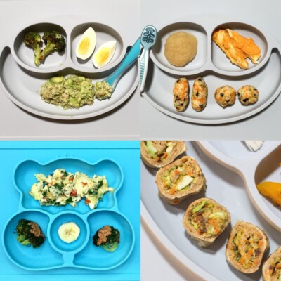 four plates showing chopped vegetables added to oatmeal, rice fingers, scrambled eggs, and toast roll-ups