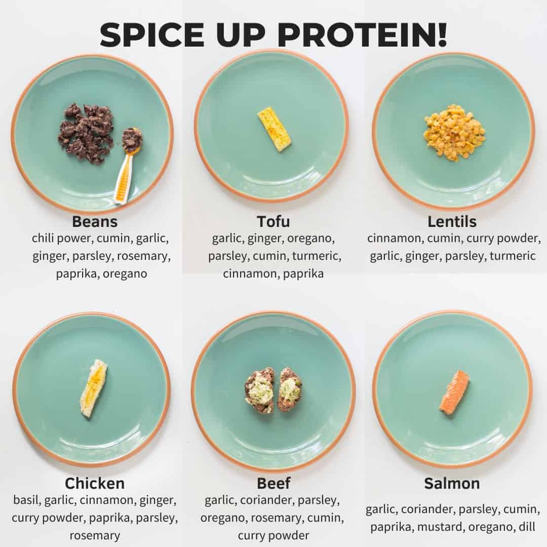 a collage of six protein foods served separately on a green plate with suggested seasonings