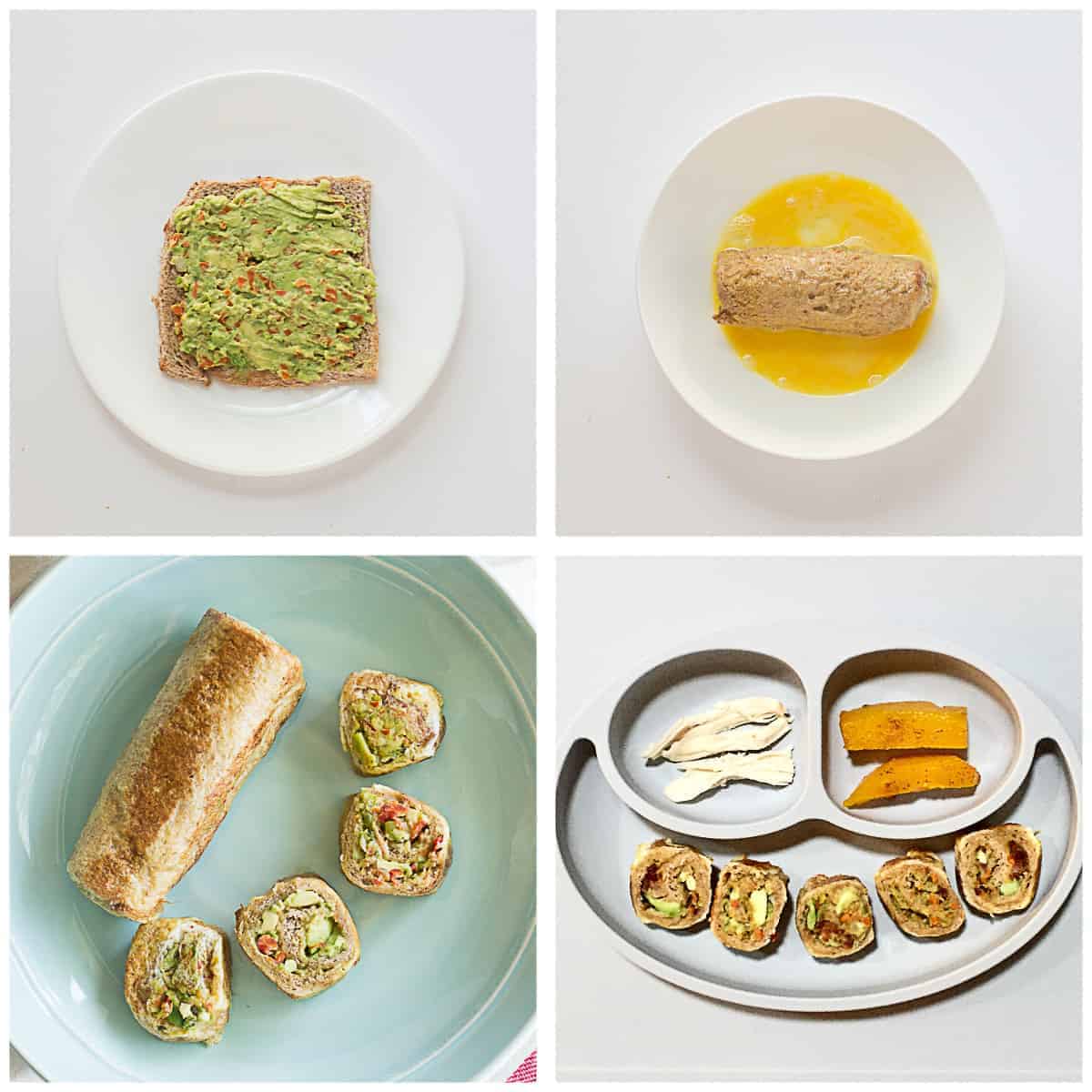 4 picture collage showing a slice of bread topped with avocado and veggies, rolled and dunked in egg, sliced , and served with chicken and butternut squash