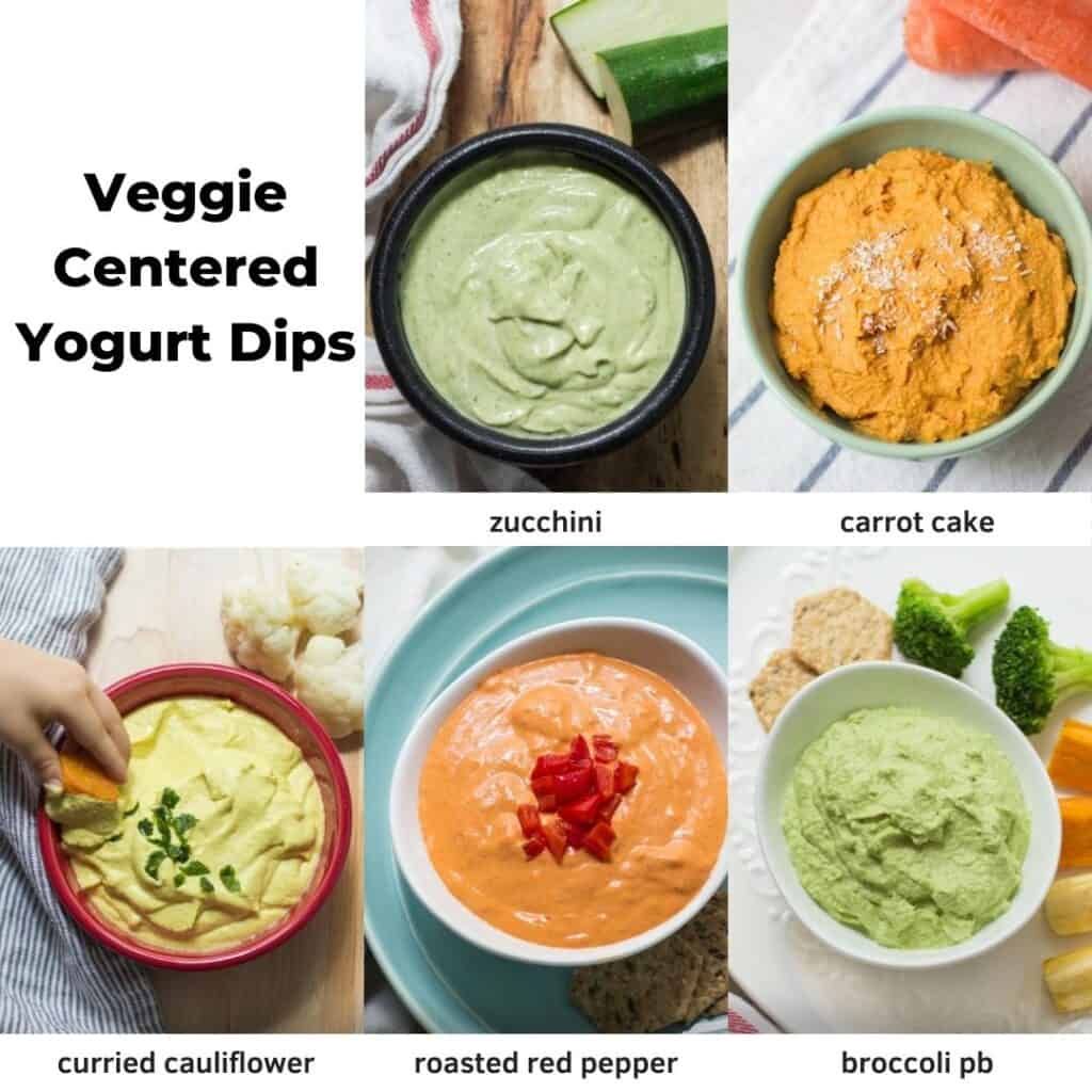 a five picture collage showing the different yogurt dips you can make from my veggie-centered delights ecookbook.
