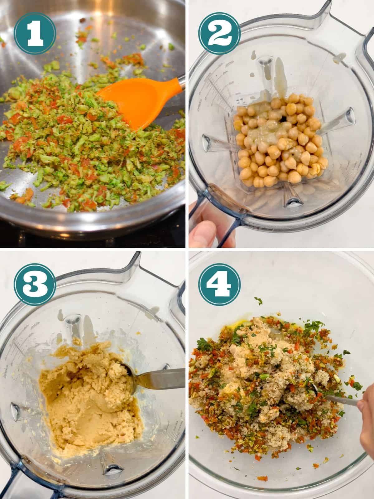 A four image collage showing how to make chickpea mixture.