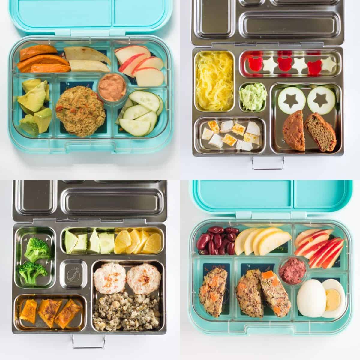 four lunchboxes with baked goods as the main component
