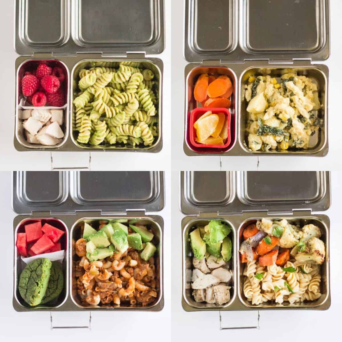 four toddler lunchboxes with pasta as the main component