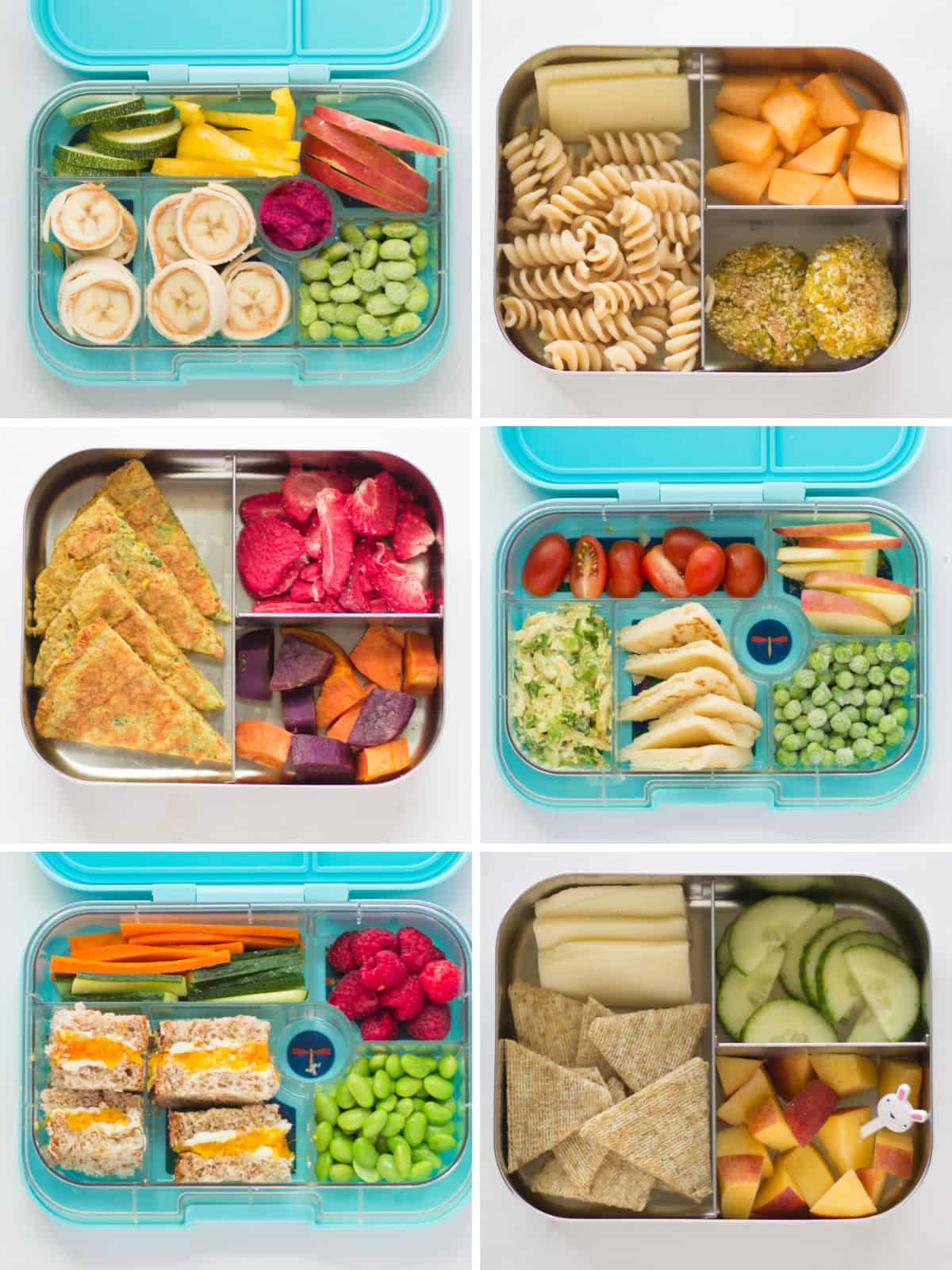 A six image collage of lunch box ideas for kids.