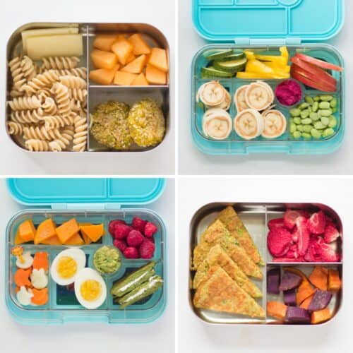A four image collage of lunchbox ideas for kids.