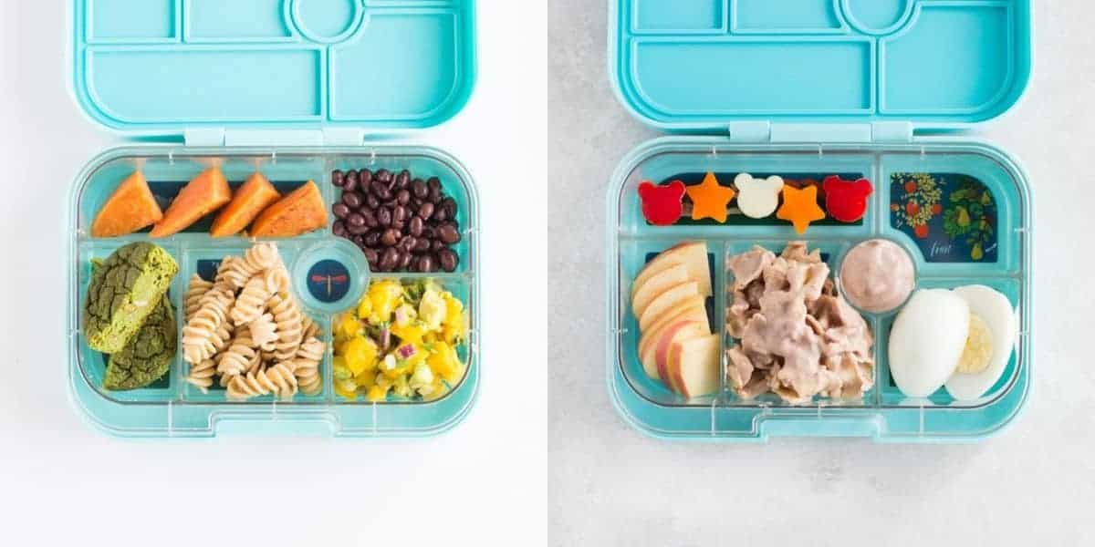 two toddler lunchboxes in blue Yumbox with pasta as the main component