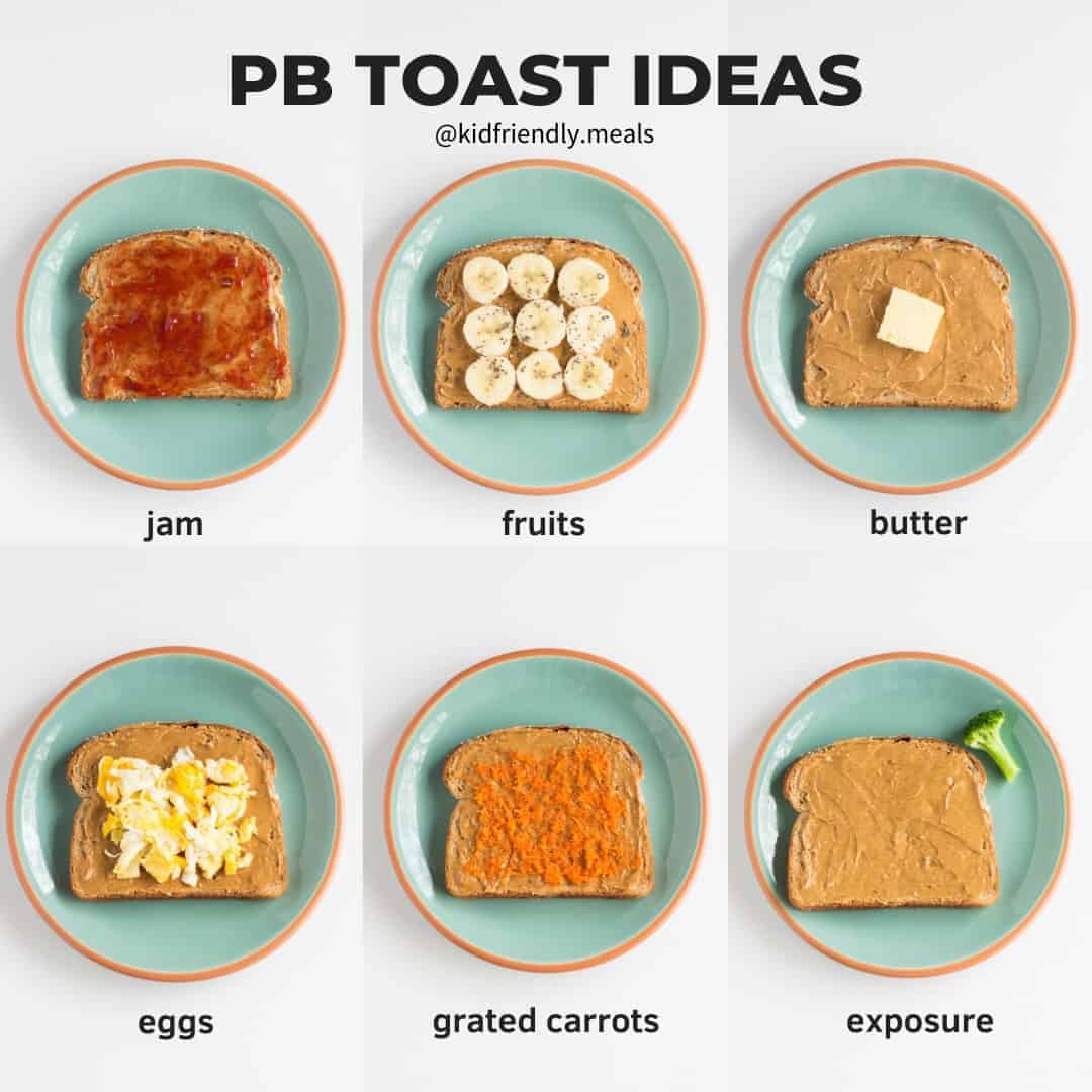 six unique peanut butter toast ideas with each toast on a blue plate