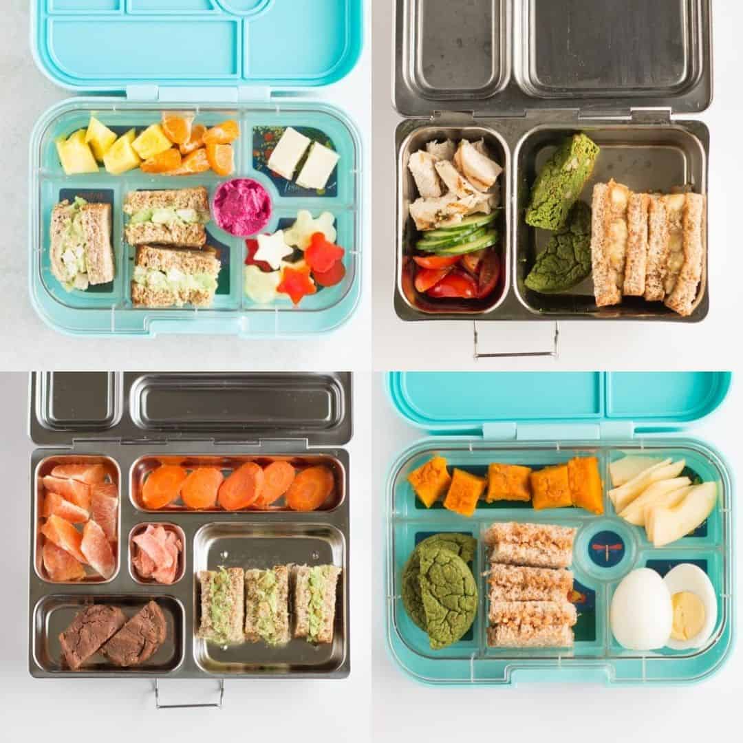 four lunchboxes with sandwich as the main component