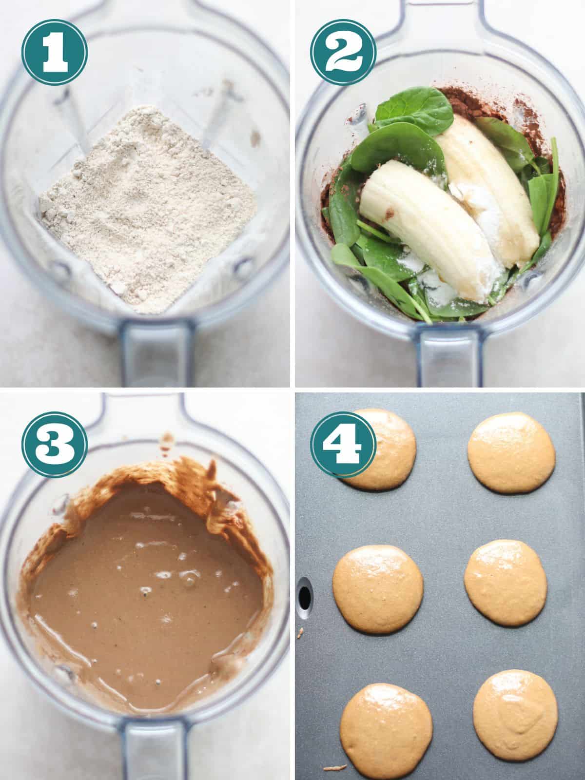 A four image collage showing how to make the pancakes step by step.
