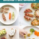 A four image collage showing different ways to serve bread to babies.