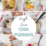 collage of six puddings in a mason jar with toddler hand holding spoon in each