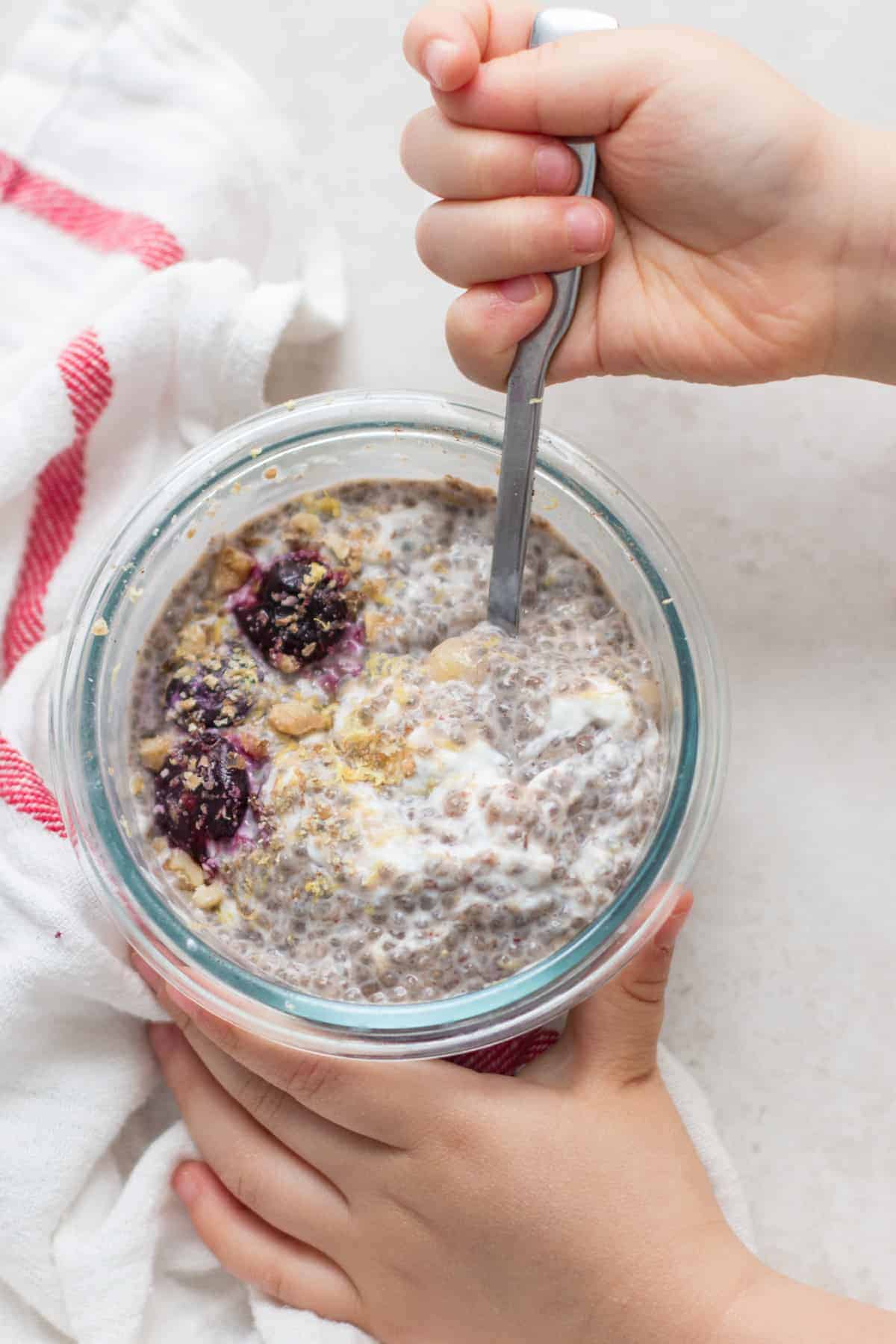 blueberry lemon pie chia pudding in a glass bowl