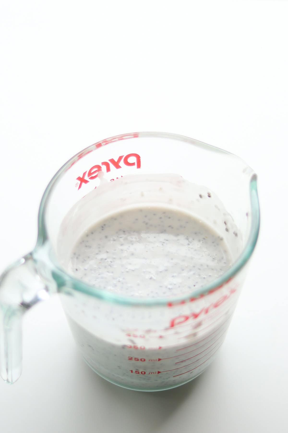 Chia seeds stirred really well in liquid measuring cup.