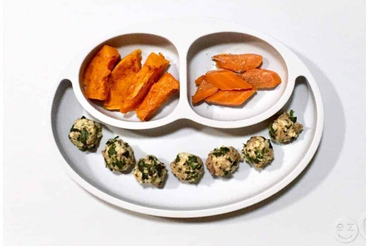 roasted sweet potatoes and carrots and oatballs with spinach