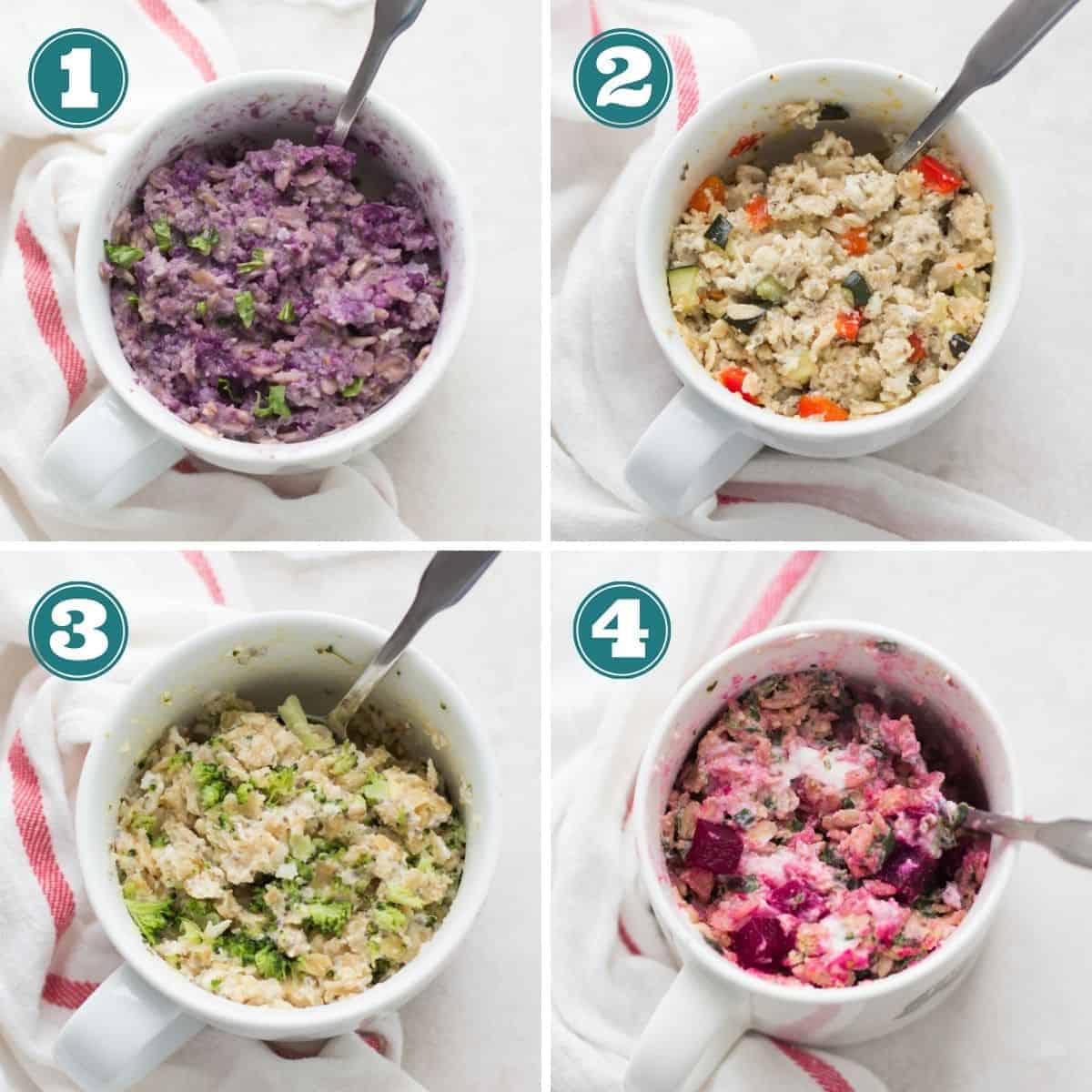 a collage with four images of baby oatmeal variations with vegetables.