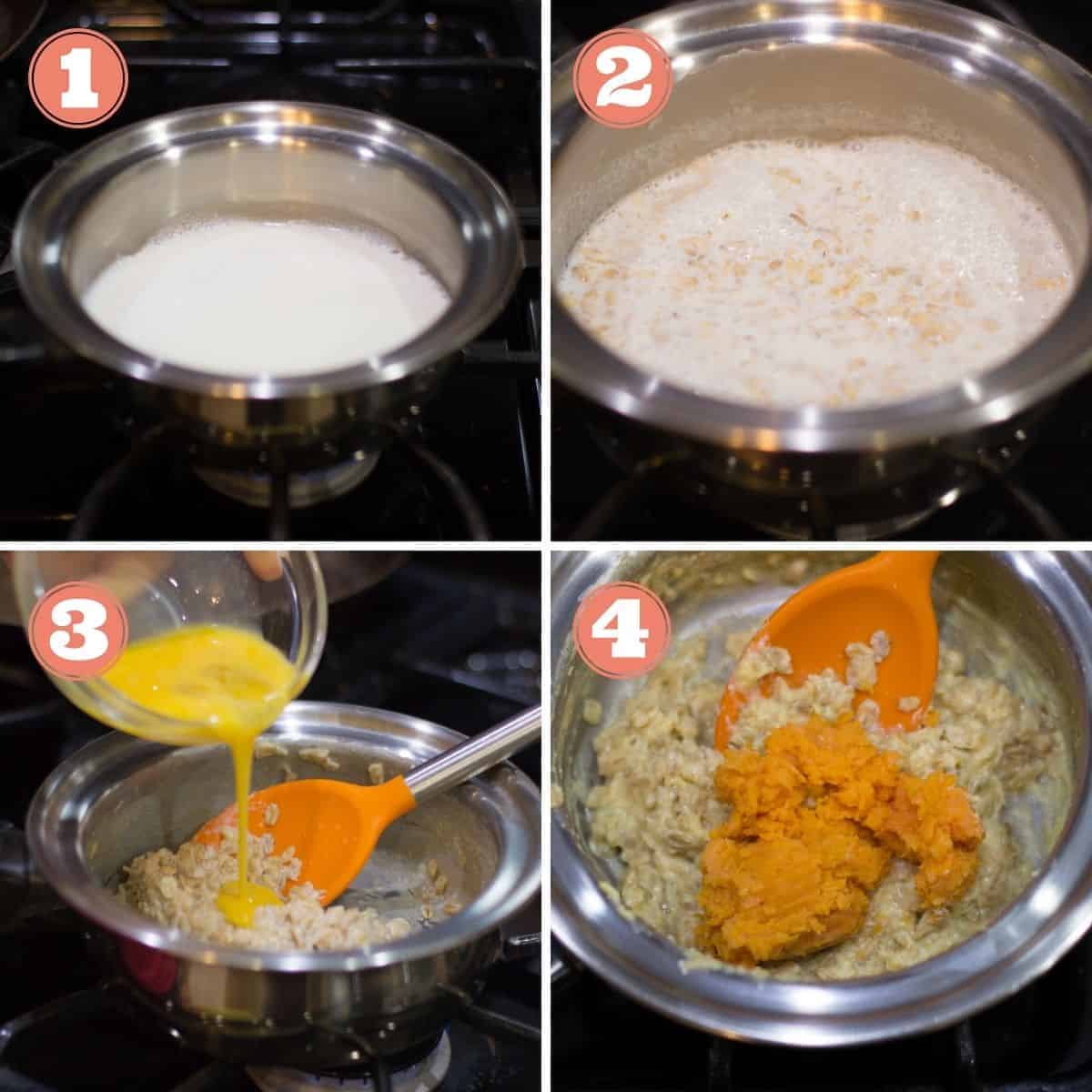 a four image collage showing the cooking process on the stove top.