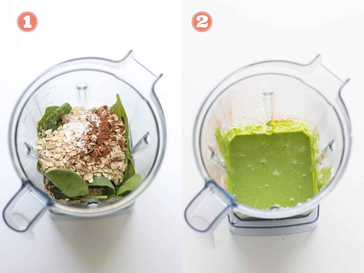 A two image collage of before and after the ingredients are blended in a blender.