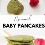 collage showing stacked baby pancakes, baby's plate with yogurt and strawberry, and all the ingredients