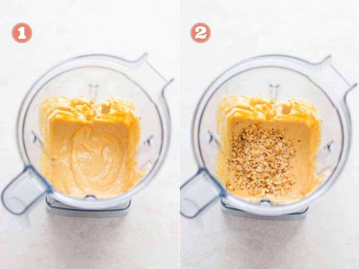 all the ingredients blended inside a blender in the left image and walnuts added in the right image