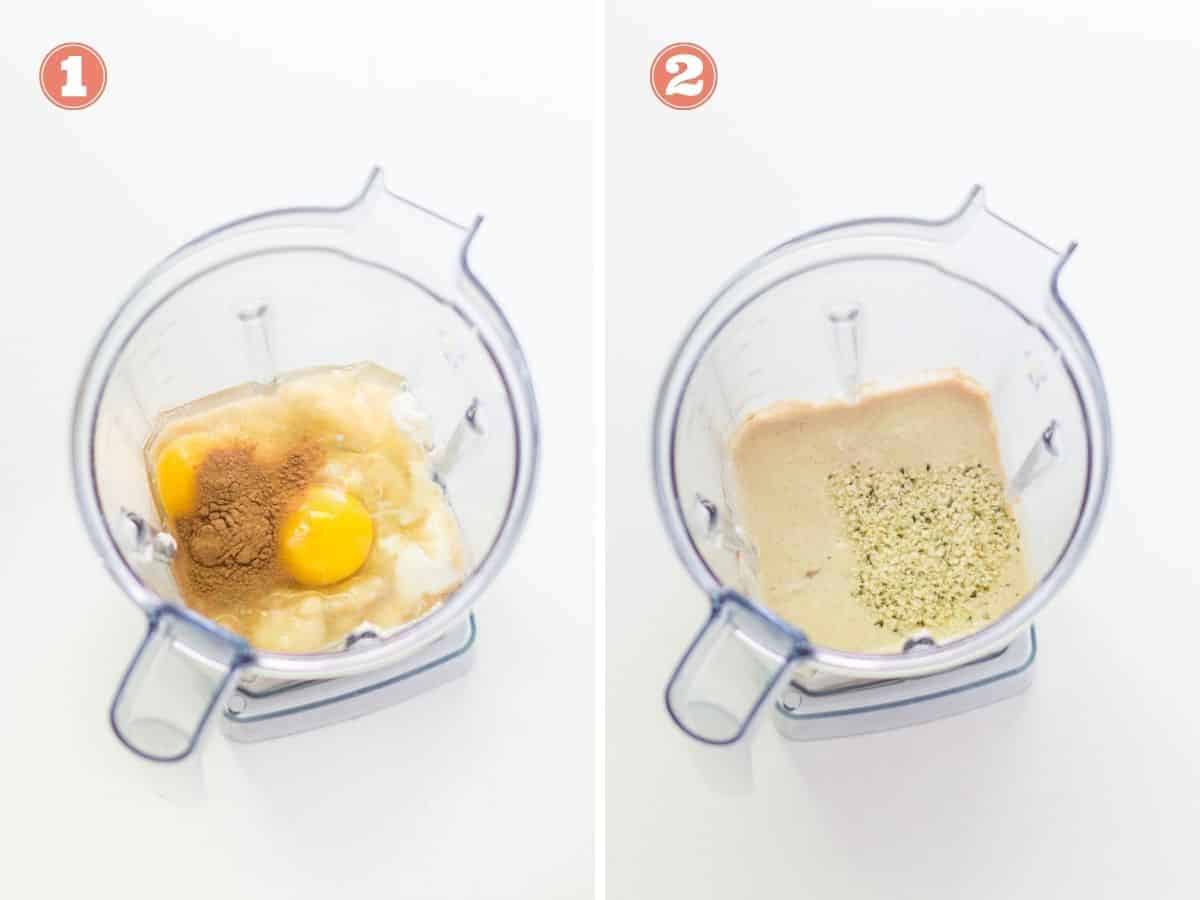 a two image collage with all the ingredients added to a blender on the left and after blended on the right