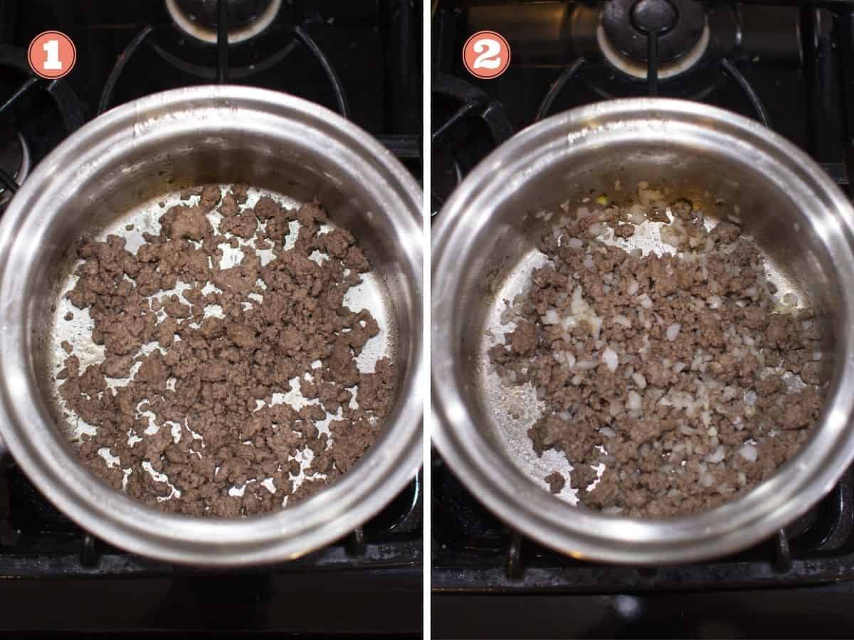 two image collage. On the left cooked ground beef and onion and garlic added on the right
