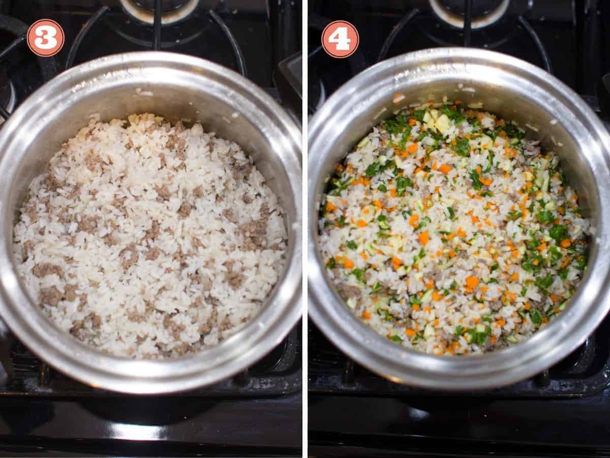 two image collage. On the left rice mixed in with beef and onion and the rest of the vegetables added on the right