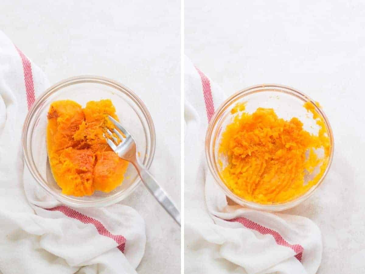 two image collage with cooked butternut squash on the left and mashed on the right