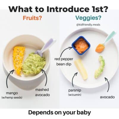 a two image collage with mangoes and mashed avocado on the left and red pepper dip with parsnip and avocado on the right