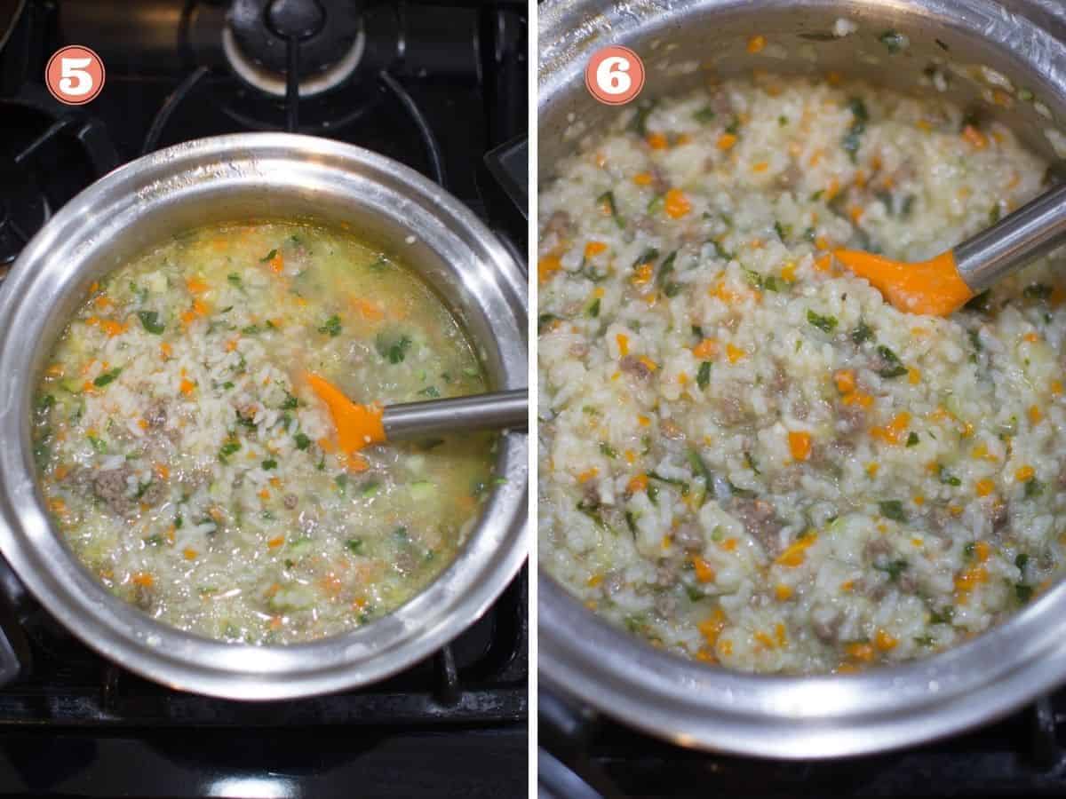 a two image collage. Water added to the porridge mixture and simmering and on the right shows what porridge looks like once done cooking