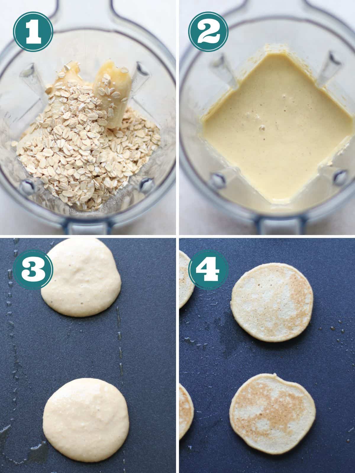 A four image collage of how to make pancakes.