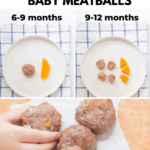 on top are plates showing how to serve the meatballs for the different age groups and on the bottom is a close up shot of toddler's hand grabbing one piece