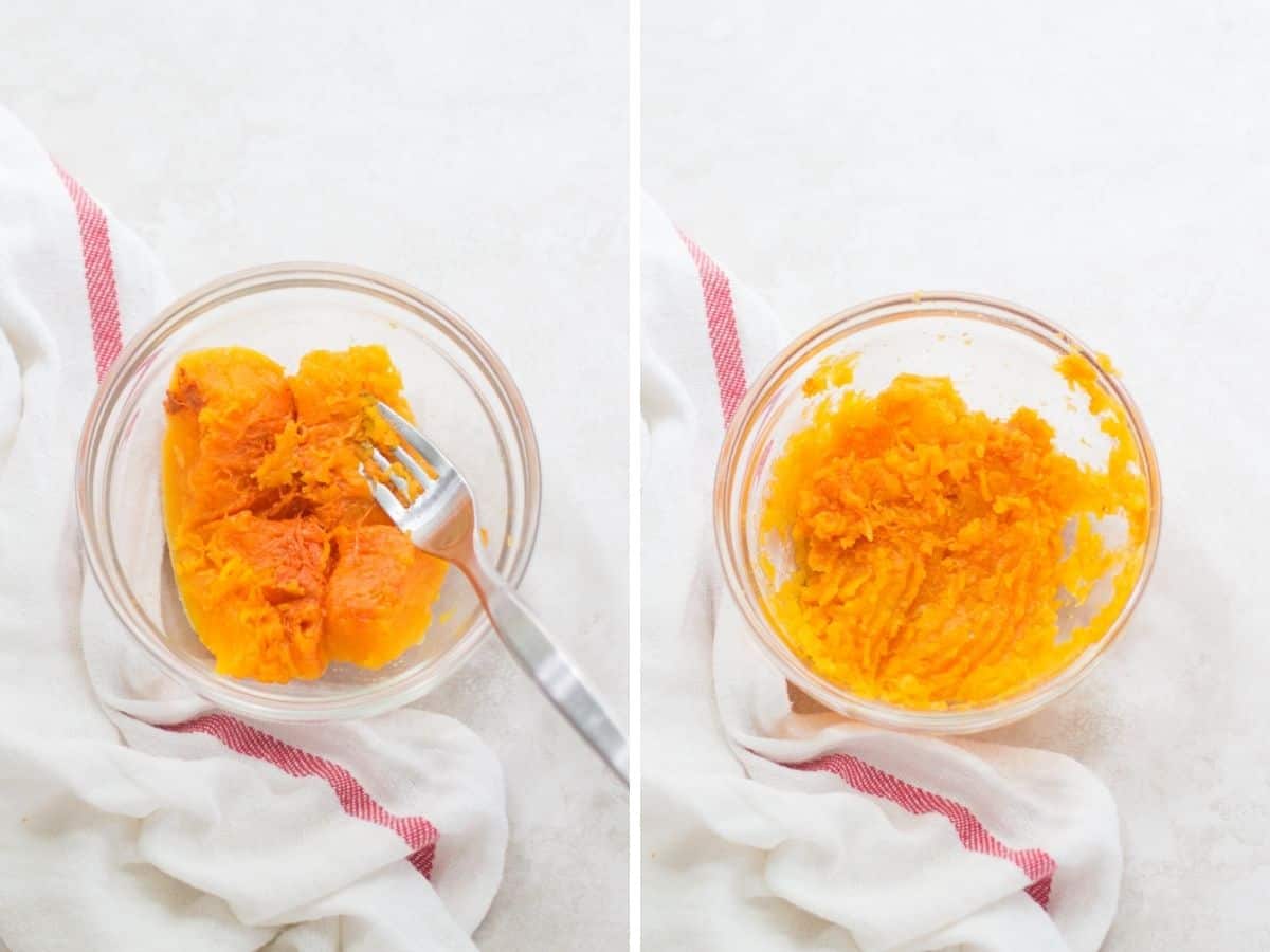 A collage showing cooked butternut squash before and after mashed.